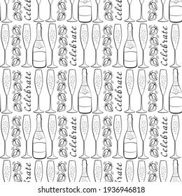 Champagne and strawberry celebrate text vector seamless pattern background. Script lettering, fizzing glasses,bottles strawberries black white backdrop. Hand drawn line art sparkling party repeat.