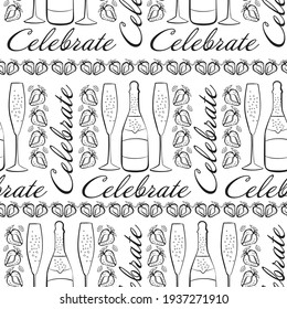 Champagne and strawberry celebrate text vector seamless pattern background. Script lettering, fizzing glasses,bottles strawberries black white backdrop. Hand drawn line art sparkling party repeat.