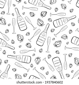 Champagne and strawberry celebrate text vector seamless pattern background. Script lettering, fizzing glasses,bottles strawberries black white backdrop. Hand drawn line art sparkling party repeat.