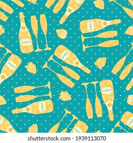 Champagne and strawberry celebrate text vector seamless pattern background. Script lettering, fizzing glasses,bottles strawberries aqua blue gold backdrop with polka dots. Sparkling party repeat.
