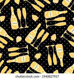 Champagne and strawberry celebrate text vector seamless pattern background. Script lettering, fizzing glasses,bottles strawberries black gold backdrop with polka dots. Sparkling party repeat