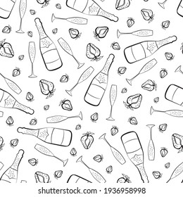 Champagne and strawberry celebration vector seamless pattern background. Monochrome backdrop with fizz, champagne flutes,bottles, strawberries fruit. Retro line art party and occasions concept repeat