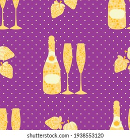 Champagne and strawberry vector seamless pattern background. Elegant gold purple backdrop with fizz, champagne flutes,bottles, strawberries fruit, polka dots. Modern repeat for celebration concept