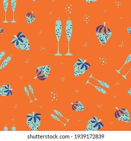 Champagne And Strawberry Vector Seamless Pattern Background. Neon Orange Light Blue Backdrop With Fizz, Champagne Flutes, Strawberries Soft Fruit. Tropical Repeat For Beach Party Concept