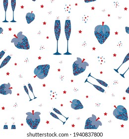 Champagne and strawberry vector seamless pattern background. Blue red white backdrop with fizz, champagne flutes, strawberries fruit, bubbles, stars. Repeat for party, celebration, 4th July concept