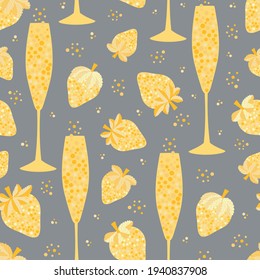 Champagne and strawberry vector seamless pattern background. Yellow grey duotone backdrop with fizz, champagne flutes, bubbles, strawberries fruit. Modern repeat for party celebration concept