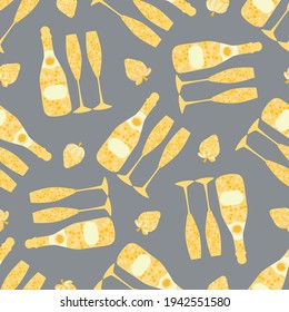 Champagne and strawberry vector seamless pattern background. Elegant gold yellow grey backdrop with fizz, champagne flutes,bottles, strawberries fruit. Modern chic repeat for party, birthday, wedding