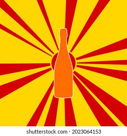 Champagne symbol on a background of red flash explosion radial lines. The large orange symbol is located in the center of the sun, symbolizing the sunrise. Vector illustration on yellow background