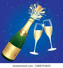 Champagne toast. Blue and gold Happy New Year 2024 or Congratulations Greeting card. Champaign bottle festive background. Vector illustration.