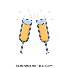 Champagne toast cheers icon. Vector party illustration design. Thin flat outline trendy drink design