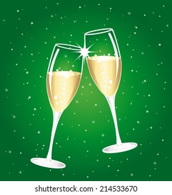 Champagne toast cups. Green starry background. 