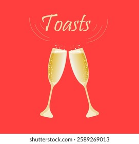 Champagne Toast Illustration - Red Background with Two Glasses.