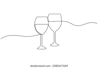 Champagne Toast, Two Wine Glasses, Cheers, Continuous Line Drawing, two elegant champagne glasses One continuous line drawing vector on a white background. Doodle vector illustration.