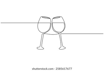 Champagne Toast, Two Wine Glasses, Cheers, Continuous Line Drawing, two elegant champagne glasses One continuous line drawing vector on a white background. Doodle vector illustration.