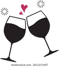Champagne toast wine glass celebration sparkle love heart clink drink cheers festive party couple romance bubbly elegant illustration wine bottle holiday drink night party
