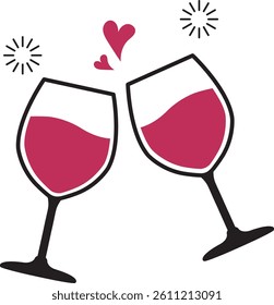 Champagne toast wine glass celebration sparkle love heart clink drink cheers festive party couple romance bubbly elegant illustration wine bottle holiday drink night party