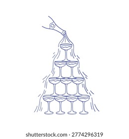 Champagne tower with bottle pouring into glasses. Vector line art hand drawn illustration for weddings, gala events, and celebrations.
