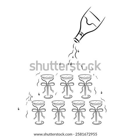 Champagne tower doodle illustration, wedding party. Wine glass pyramid, celebration icon.
