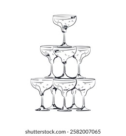 The champagne tower, hand-drawn in black ink. Vector illustration in the form of doodles, isolated on a white background. A design element for weddings, cocktail parties, bachelorette parties, menu.