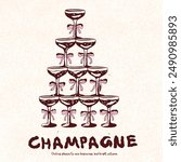 Champagne Tower Illustration Clipart, wedding, wedding stationery and signage, cocktails, champagne glasses clink drawing outline, coquette clipart,  champagne cheers