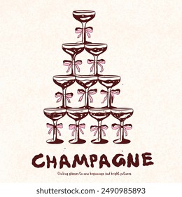 Champagne Tower Illustration Clipart, wedding, wedding stationery and signage, cocktails, champagne glasses clink drawing outline, coquette clipart,  champagne cheers