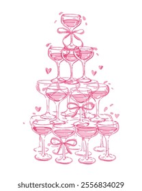 Champagne tower pink illustration, girly watercolor cocktail vector glass pyramid bachelorette party. Alcoholic drinks celebration print, wedding invitation design, margarita beverage. Champagne tower