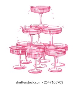 Champagne tower pink illustration, vector watercolor cocktail glass pyramid girly bachelorette party. Alcoholic drinks celebration print, wedding invitation design, margarita beverage. Champagne tower