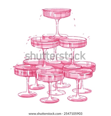 Champagne tower pink illustration, vector watercolor cocktail glass pyramid girly bachelorette party. Alcoholic drinks celebration print, wedding invitation design, margarita beverage. Champagne tower