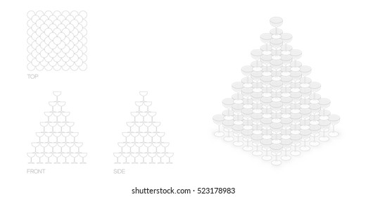 champagne tower pyramid, 140 glass illustration flat design black and white color with top, front, side view outline set isolated on white background