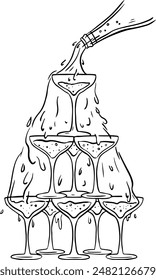 Champagne tower sketch art. Bachelorette wedding party.