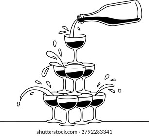 Champagne Tower Vector Illustration, Pouring Wine Bottle into Glass Pyramid Line Art