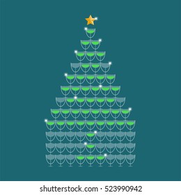 Champagne tower yellow color and star gold color made christmas tree illustration flat design isolated on dark blue color background
