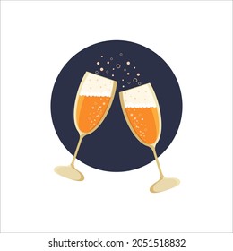 Champán, dos vasos que se aferran a las burbujas. Icono de celebración del aniversario. Festividad, logo del partido. Ilustración plana del vector