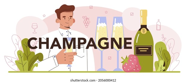 Encabezado tipográfico de champagne. Vino de uva en una botella y vaso lleno de alcohol. Vino espumoso con aperitivo. Queso, salchicha, pescado y fresa. Ilustración vectorial plana