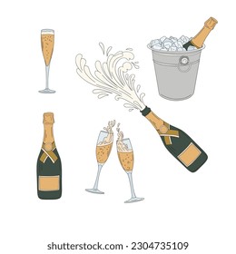 Champagne vector clip-art set isolated on white. Winter holidays illustration collection. Hand drawn festive seasonal design elements.