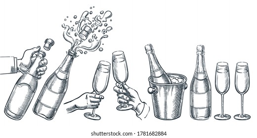 Champagne vector hand drawn sketch illustration. Human hand holding explosion champagne bottle and drinking glass. Holiday alcohol set, isolated on white background