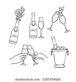 Champagne vector illustration set in black and white sketch style - isolated various hand drawn bottles and wineglasses with fizzy alcohol drink for holiday celebration or party.