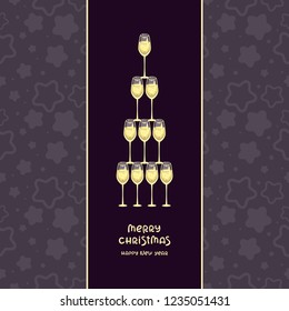 Champagne vector illustration. Tower of wine glasses. Design for menu, bar logo and greeting card. Christmas decoration.