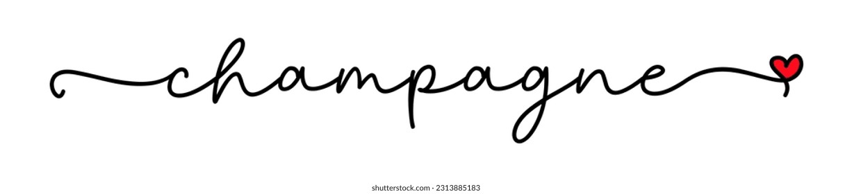 Champagne. Vector vintage logo word. Design for poster, flyer, banner, menu cafe. Hand drawn calligraphy text. Typography continuous champagne logo with heart symbol. Signboard icon champagne.