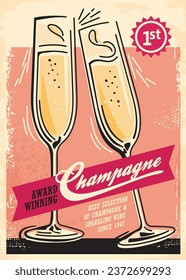 Champagne vintage poster design layout for popular alcoholic drink. Bar advertisement. Champagne glasses on a pink background, celebration vector concept.