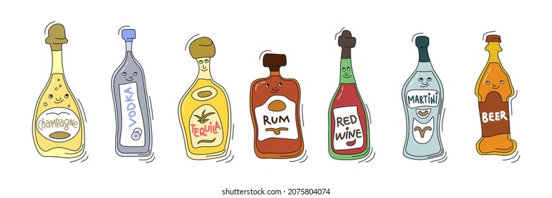 Champagne, vodka, tequila, rum, red wine, martini, beer with smile on white background. Vector cartoon sketch graphic design. Doodle style with black contour line. Cute hand drawn bottle. Party drinks