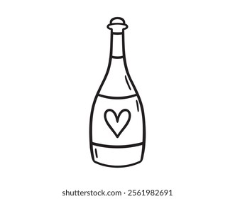 Champagne for wedding party drink with heart. Bottle of sparkling wine doodle hand drawn icon. Outline drawing alcohol line clipart symbol. Vector illustration