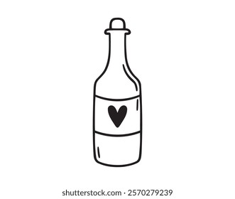 Champagne for wedding party drink with heart. Bottle of sparkling wine doodle hand drawn icon. Outline drawing alcohol line clipart symbol. Vector illustration