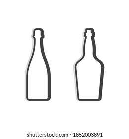 Champagne and whiskey bottle. Linear shape. Simple template. Isolated object. Symbol in thin lines for alcoholic institutions, bars, restaurants, pubs. Dark outline. Flat illustration on backdrop.