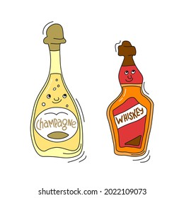 champagne and whiskey with smile on white background. Cartoon sketch graphic design. Doodle style with black contour line. Cute hand drawn bottle. Party drinks concept. Freehand drawing style. Vector
