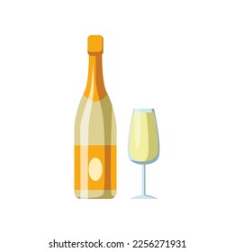 Champagne or white wine and glass vector illustration. Wine, champagne, alcohol drink. Icon of bar menu isolated on white background
