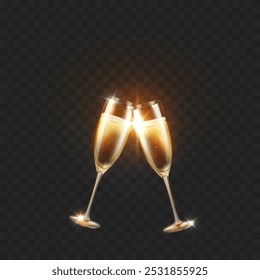 Champagne or white wine glasses isolated on transparent background. Vector Happy New Year alcohol toast wineglasses. 3d festive event elements with sparkle fizzy drink, golden flash light effect