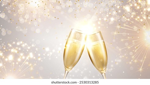 Champagne or white wine glasses on sparkle firework and gold bokeh effect background. Vector Happy New Year alcohol toast wineglasses. 3d festive wedding event elements with golden fizzy drink