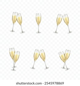 Copos de champanhe ou de vinho branco isolados sobre fundo transparente. Vetor grandeza feliz ano novo álcool brinde vidro. 3d elementos de evento de casamento festivo com bebida dourada