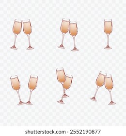 Champagne or white wine glasses set with golden drink, isolated on a transparent background. 3D festive wedding event elements featuring a vector illustration of a Happy New Year alcohol toast with wi